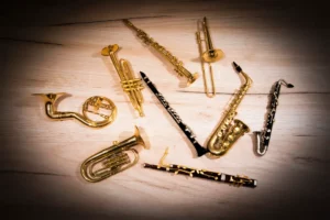 Set of wind instruments on a wooden table