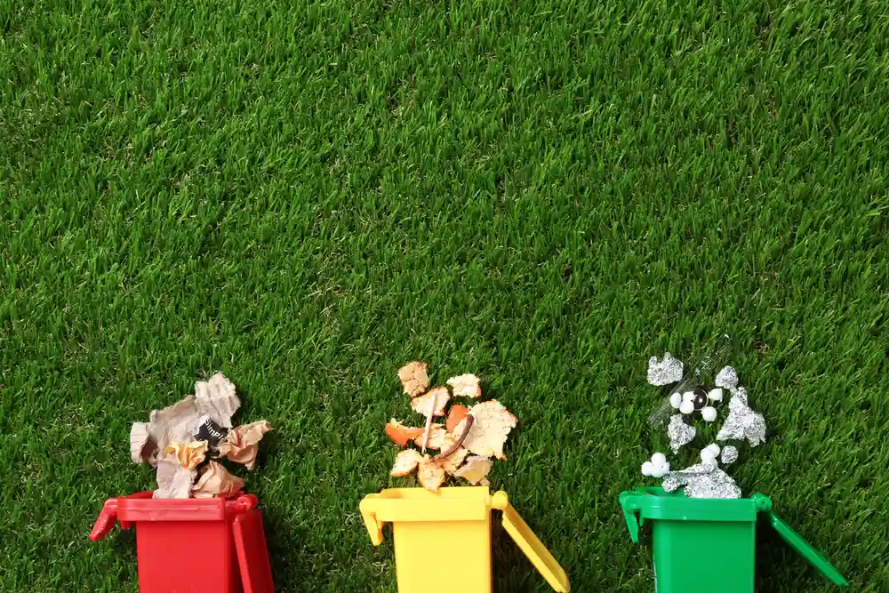 coloured recycling bins with food, tin foil and cardboard on grass