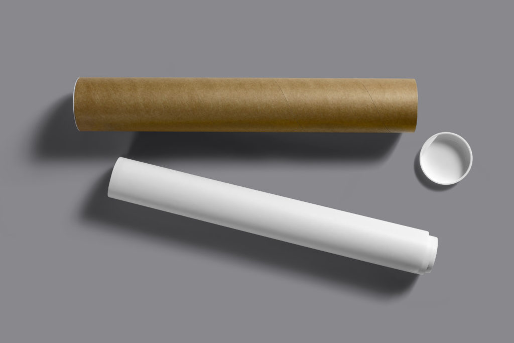 Cardboard tube with a rolled up poster next to it