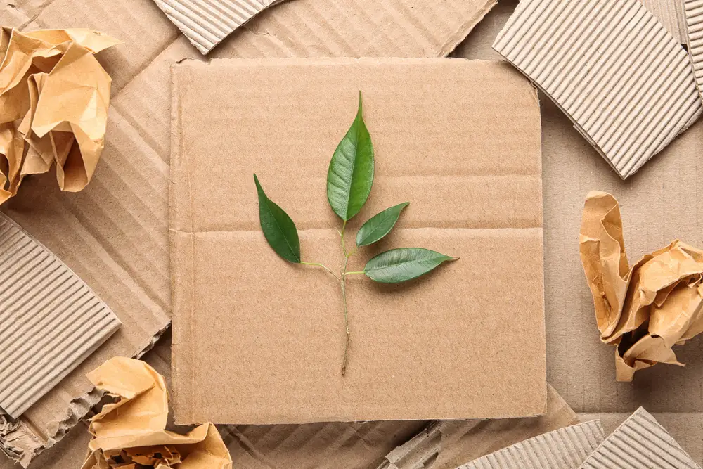 cardboard box and background with plant leaf